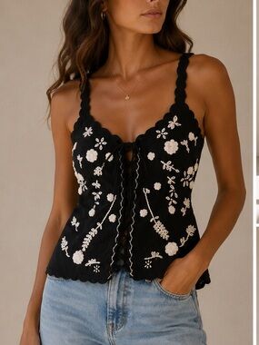 Free People Women’s Black/White Knit Floral Embroidered Braided Strap Tank